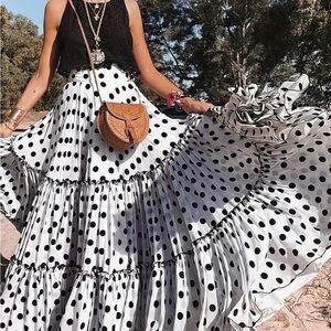 Black and White Polka Dot Tiered Ruffled Maxi Skirt L